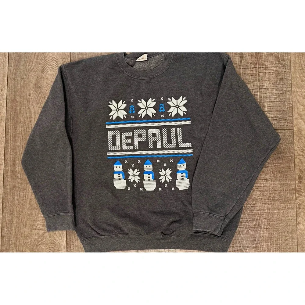 Vintage DePaul Blue Demons Gray Sweatshirt Holiday Snowman Graphic Size Large